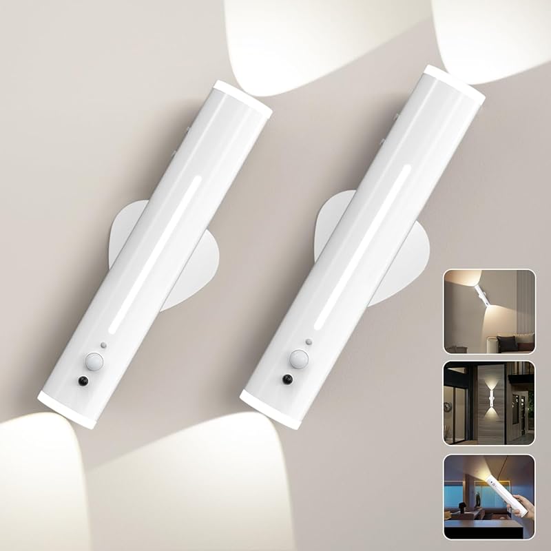 Hapfish Battery Operated Wall Sconces Decor Set of Two, Motion Sensor Rechargeable Cordless Wall Lights Indoor, Metal Magnetic Wireless Rotatable,