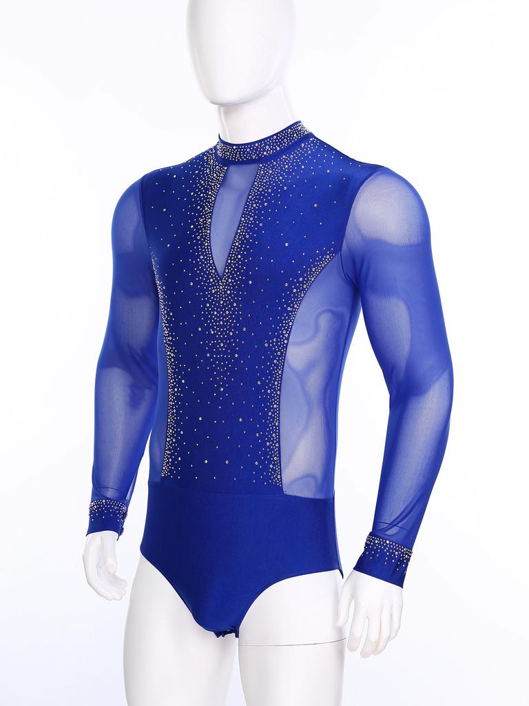 Mens Acrobatics Gymnastics Jumpsuit Tango Rumba Chacha Latin Dance Bodysuit Shirt Tops Male Long Sleeve Figure Skating Leotard