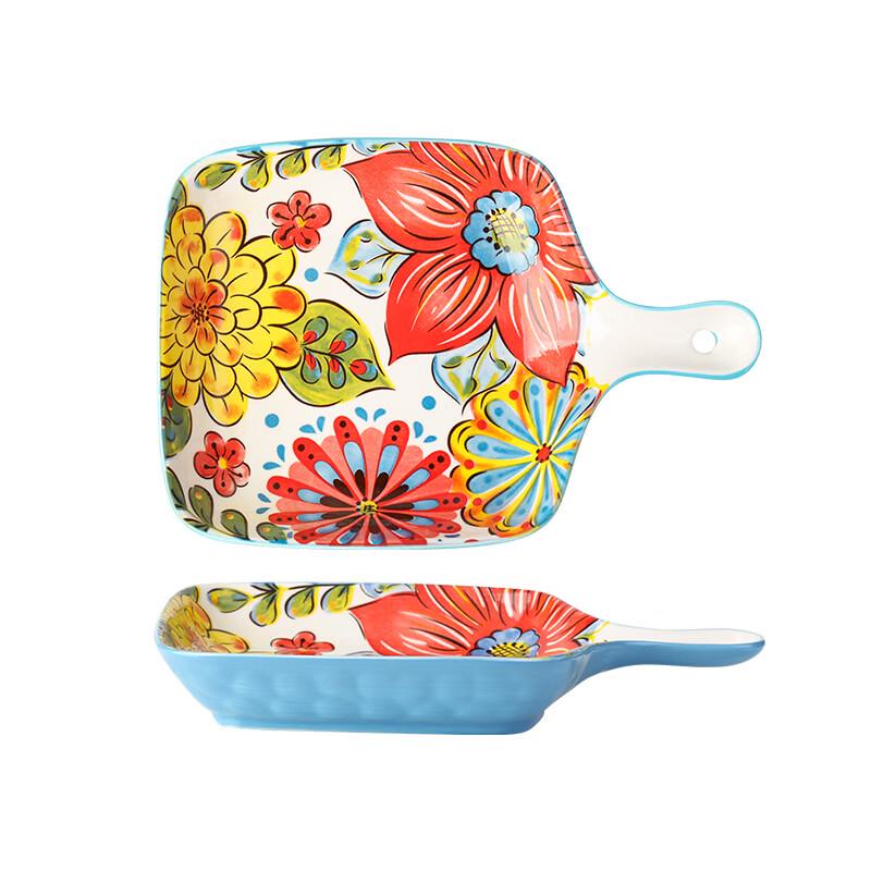 Bohemian Floral Ceramic Handled Serving Plate