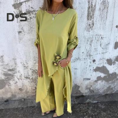 Women's Irregular High Low Hem Two Piece Set O-Neck Slit Top Wide Leg Pants Leisure Suit Spring Fall Casual Loose Outfit for Daily Wear Travel Beach