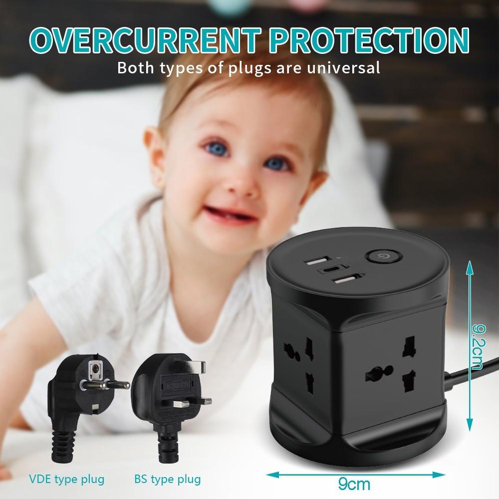Small Multi-Function Conversion Plug Tower Extension Socket with USB-A x2 + USB Type-C x1 Surge Protector
