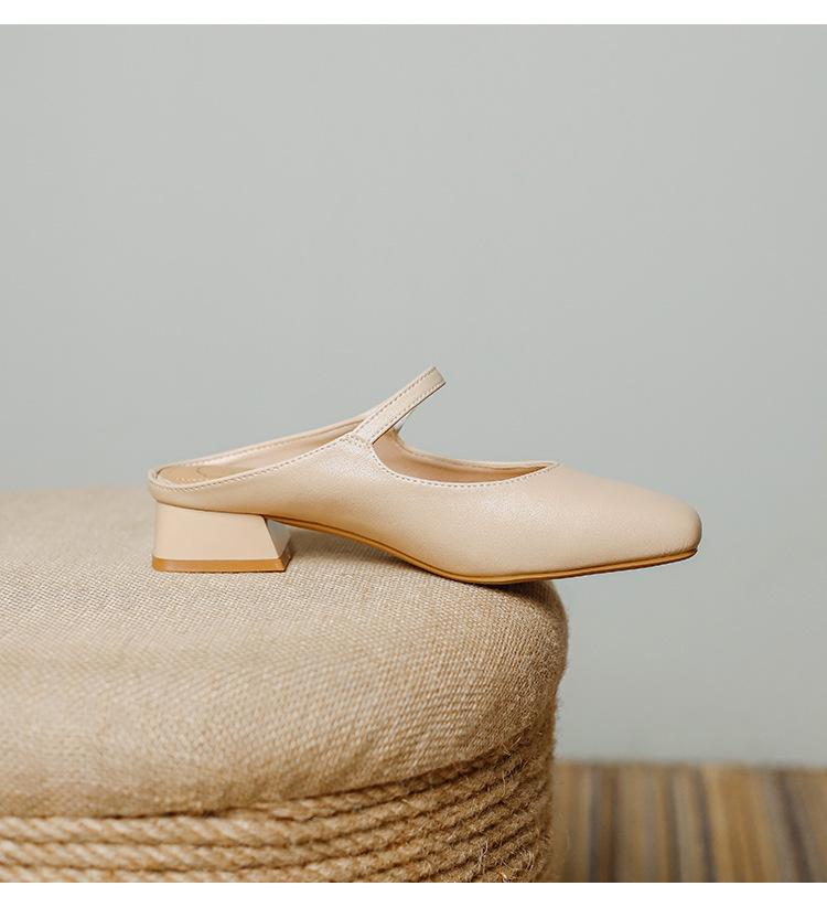 Genuine Leather Women's Chunky Heel Pointed Toe Slippers - Versatile French Style for Spring/Summer