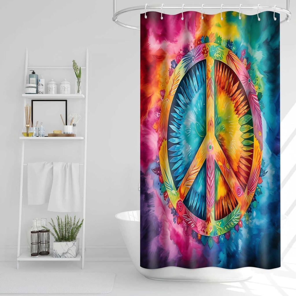 Peace Symbol Shower Curtain, 72x72 inch Polyester, Colorful Watercolor Tie Dye Hippie Peace Sign Bathroom Shower Curta Decor Set with 12 Hooks