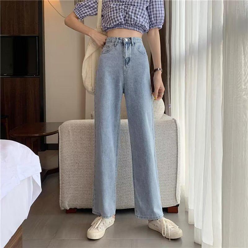 

Модные женские джинсы с высокой посадкой и широкими штанинами - Прямые, Свободные и Повседневные S светло-синий