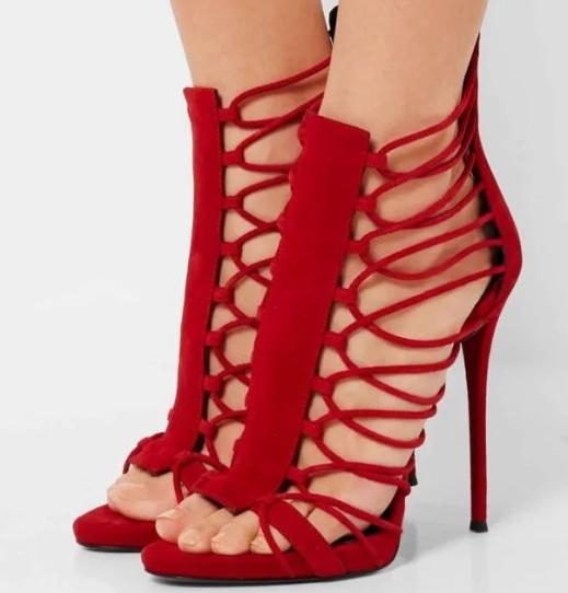 Fashion Red Cross Straps Women Summer Boots Back Zippie Peep Toe Thin Heel Fashion Gladiator Sandals 2025 New Style Catwalk Shoes