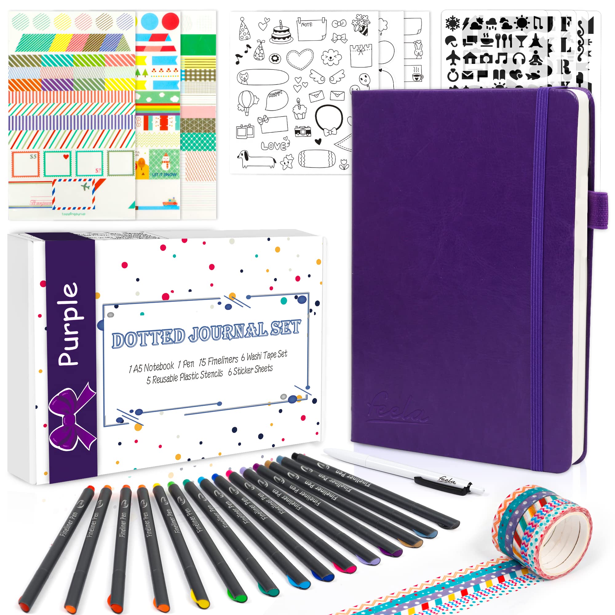 

Feela Bullet Journal Synthetic A5 Dot Pen Included Notebook, Leather, Size, Grid, (Purple) фиолетовый
