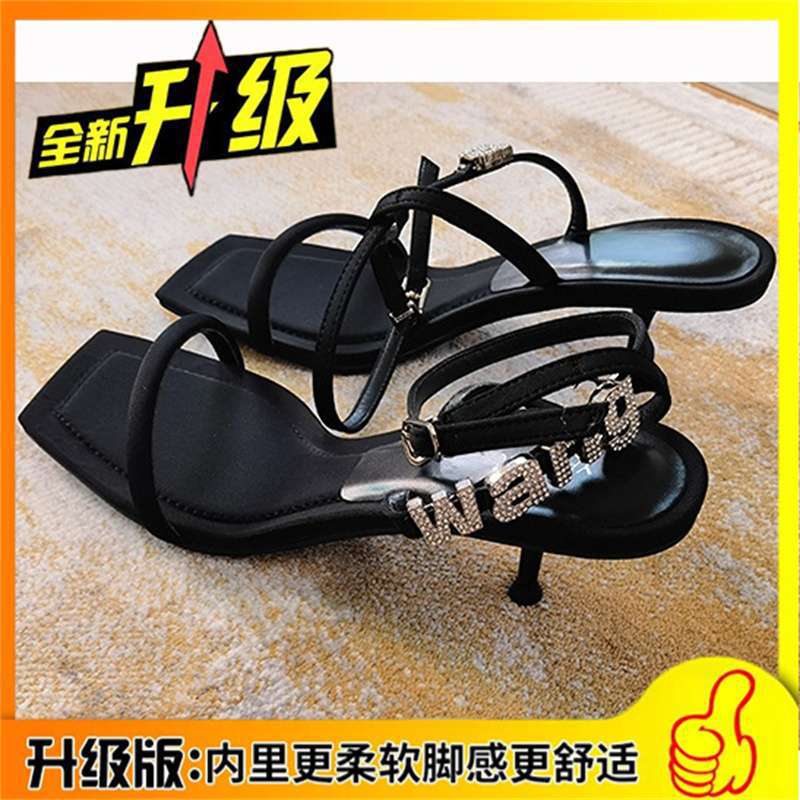 One-word buckle sandals king black women's shoes stiletto 2025 new summer rhinestone letter square head high heels