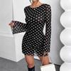 New Elegant Women's Mesh Polka Dot Printing Backless Dress Round Neck Long Sleeve Party Dress Sexy Thin Slim Fit See Through Minishort Dresses