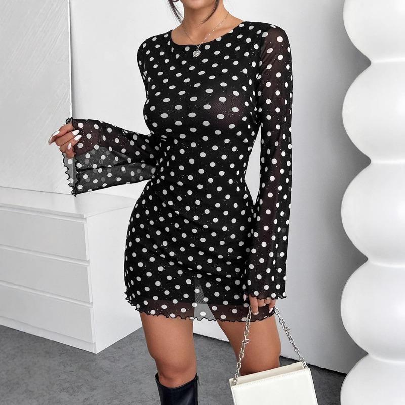 New Elegant Women's Mesh Polka Dot Printing Backless Dress Round Neck Long Sleeve Party Dress Sexy Thin Slim Fit See Through Minishort Dresses