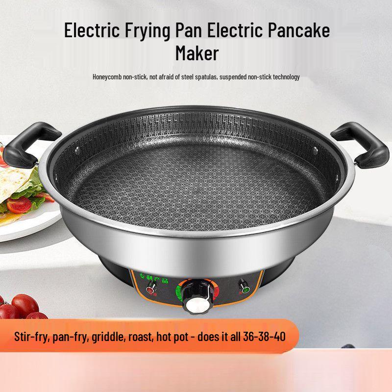 Stainless Steel Non-stick Electric Pancake and Frying Pan - Deepened and Enlarged Multi-functional Flat Bottom Grill Pan.