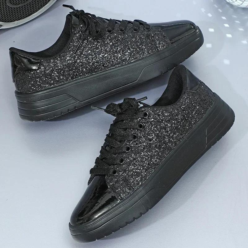 Fashion Women's Sequins Sneakers Fashion Korean Style Lace Up Flat Shoes Thick Anti-slip Couple Shoes Casual Trainers Chaussure Femmes