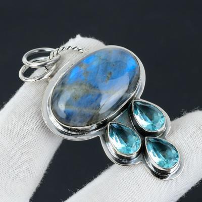 Blue Labradorite, Swiss Blue Topaz Gemstone Silver Pendant, 925 Sterling Silver Jewelry Pendant, Natural Blue Labradorite Pendant For Gifts