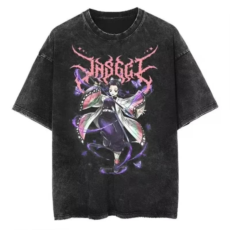 2026 Hot Oversized Demon Slayer T-Shirt Men Women Short Sleeve Tee Anime Print Washed Streetwear Summer Casual Tops Y2k Clothes