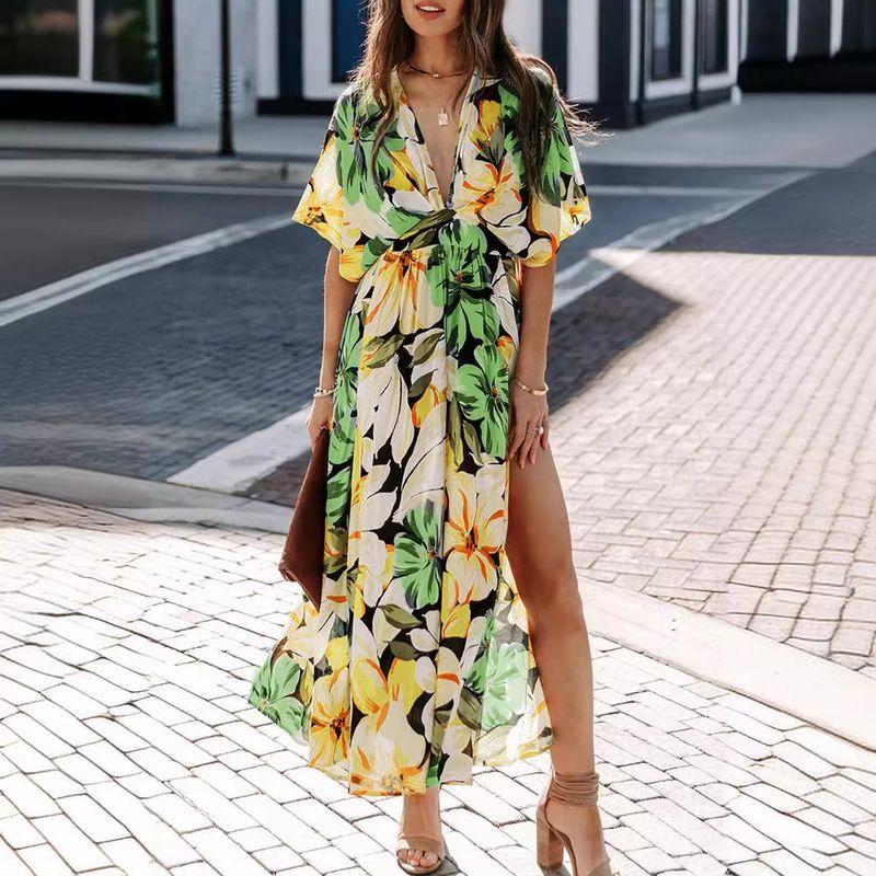 Printed Slim Dress2025 Summer European and American Women clothes New Sexy Fashion Print Split Dress