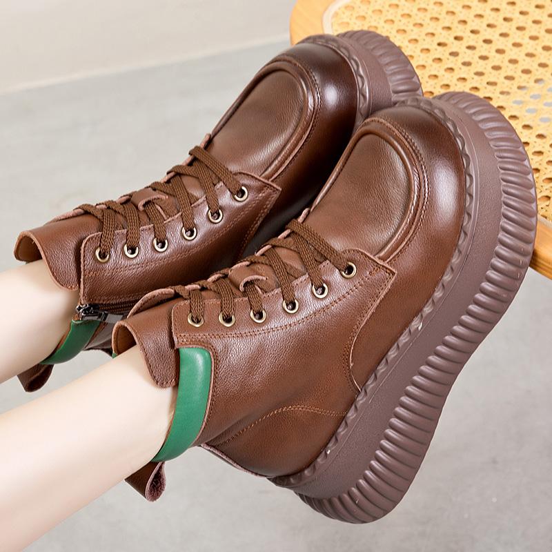 Fashion GKTINOO Genuine Leather Thick Sole Lightweight Boots 2025 Autumn Winter New Vintage Versatile Lace Up Cowhide Short Boots