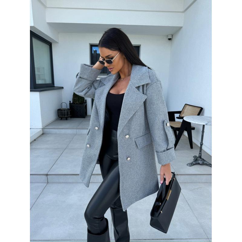 Women's European and American Solid Color Woolen Overcoat with Suit Collar