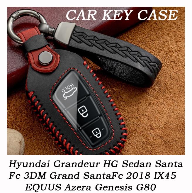 Leather Car Key Case Cover Holder Fob For Hyundai Grandeur HG Sedan Santa Fe 3DM Grand SantaFe 2018 IX45 EQUUS Azera Genesis G80