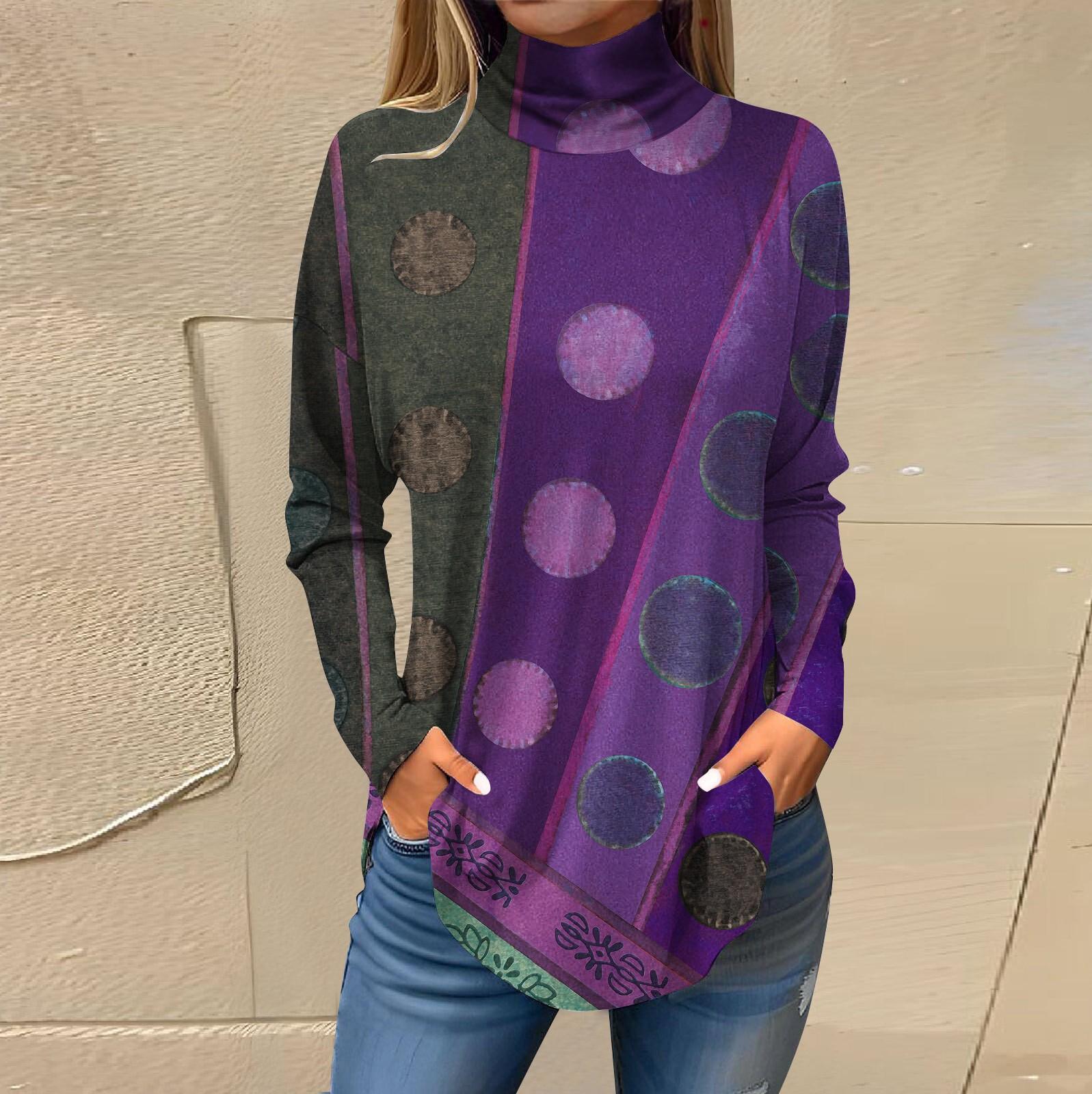 

Футболки для женщин, осенние повседневные рубашки с длинными рукавами, толстовка с винтажным принтом, топ с высоким воротом, пуловер L