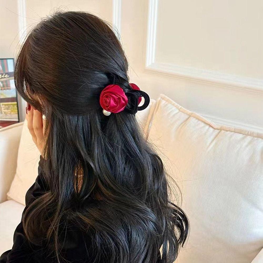 Pearl Velvet Bow Hair Claw Flower Velvet Headband Fashion Red Rose Hair Clip Winter