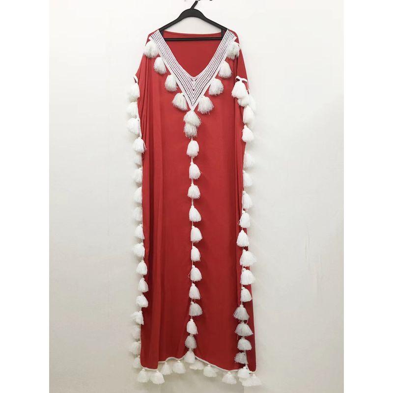 

Европейская и американская женская одежда Ближний Восток плюс размер Халат V-образный вырез Вечернее платье Платье с кисточками Платье с бахромой V-образный вырез Watermelon red All yards
