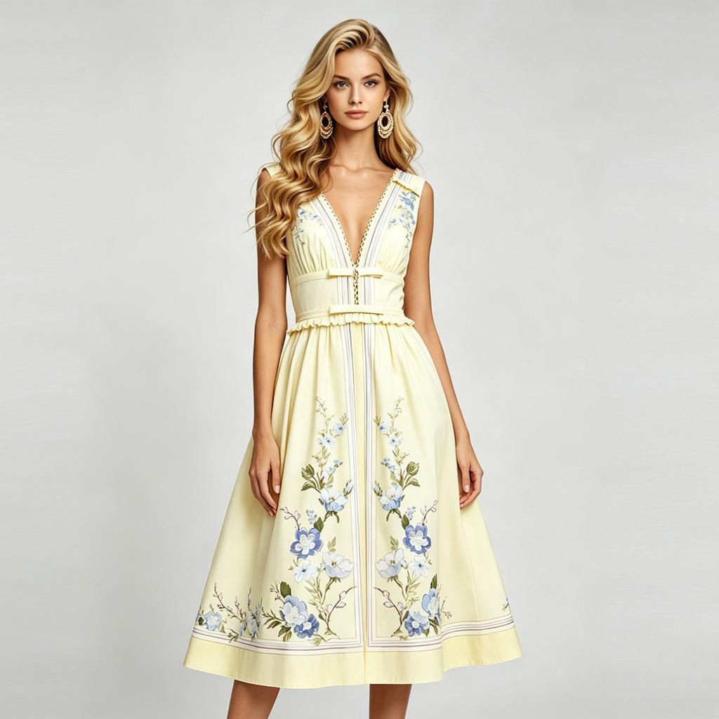 Sexy Deep V-neck Bow-Detail Ruffled Slim A-line Long Dress Women's Summer Sleeveless Floral Rint Cotton-Linen Midi Dress