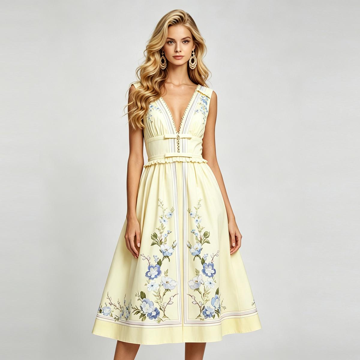 Sexy Deep V-neck Bow-Detail Ruffled Slim A-line Long Dress Women s Summer Sleeveless Floral Rint Cotton-Linen Midi Dress S жёлтый