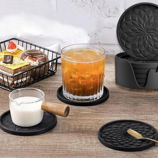 Coaster 6-piece set silicone heat-resistant waterproof non-slip absorbent storage stand round stylish cup mat black