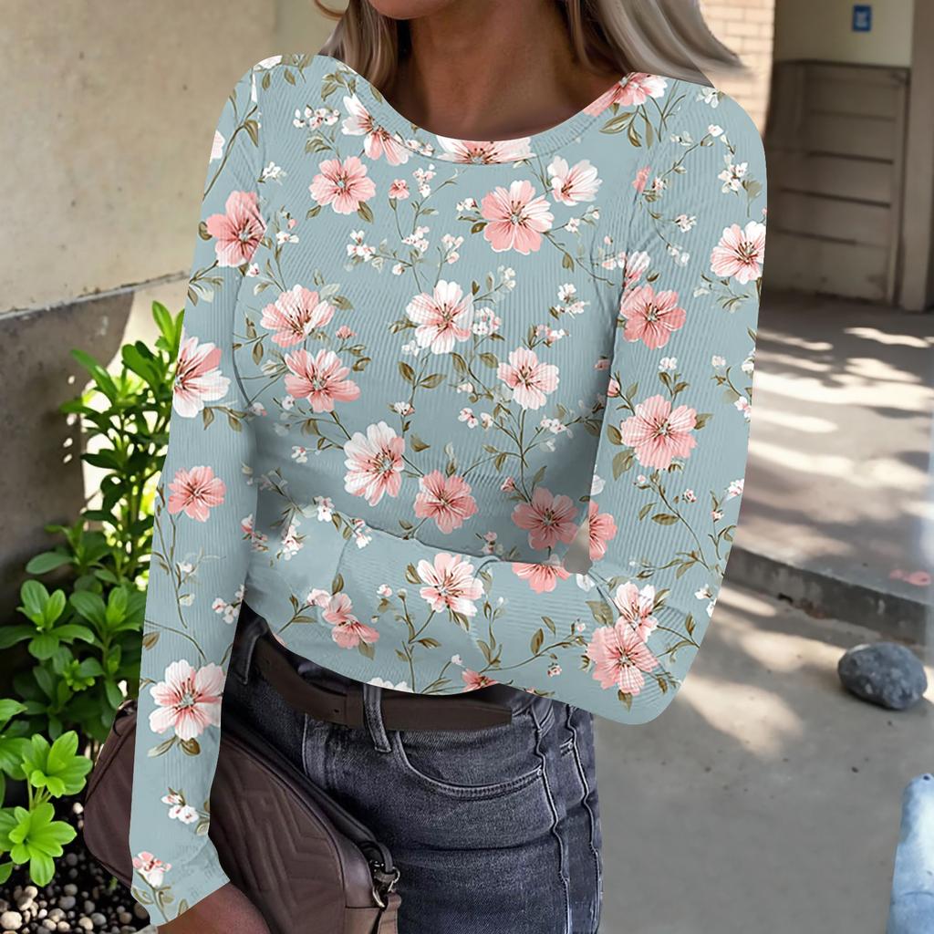 Women's Casual Ribbed Long Sleeve Top Floral Print Crew Neck Stretchy Slim Fit Lightweight Shirt for Everyday Wear