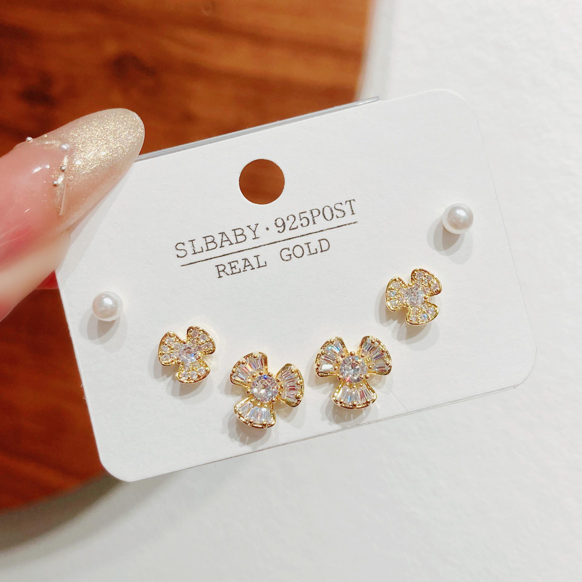 Korean S925 Zircon Three-Petal Minimalist Stud Earrings for Women