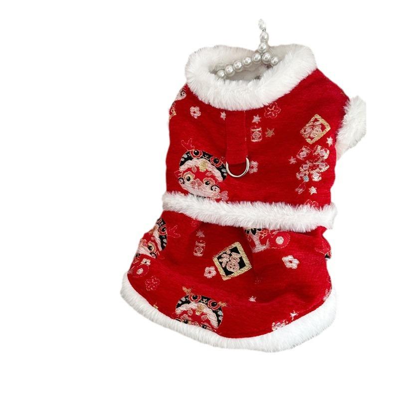 Winter Clothes with Fleece for Keeping Pets Warm, New Year's Clothes for Dogs and Cats, New Year's Tang Suits, Chinese-style Vests