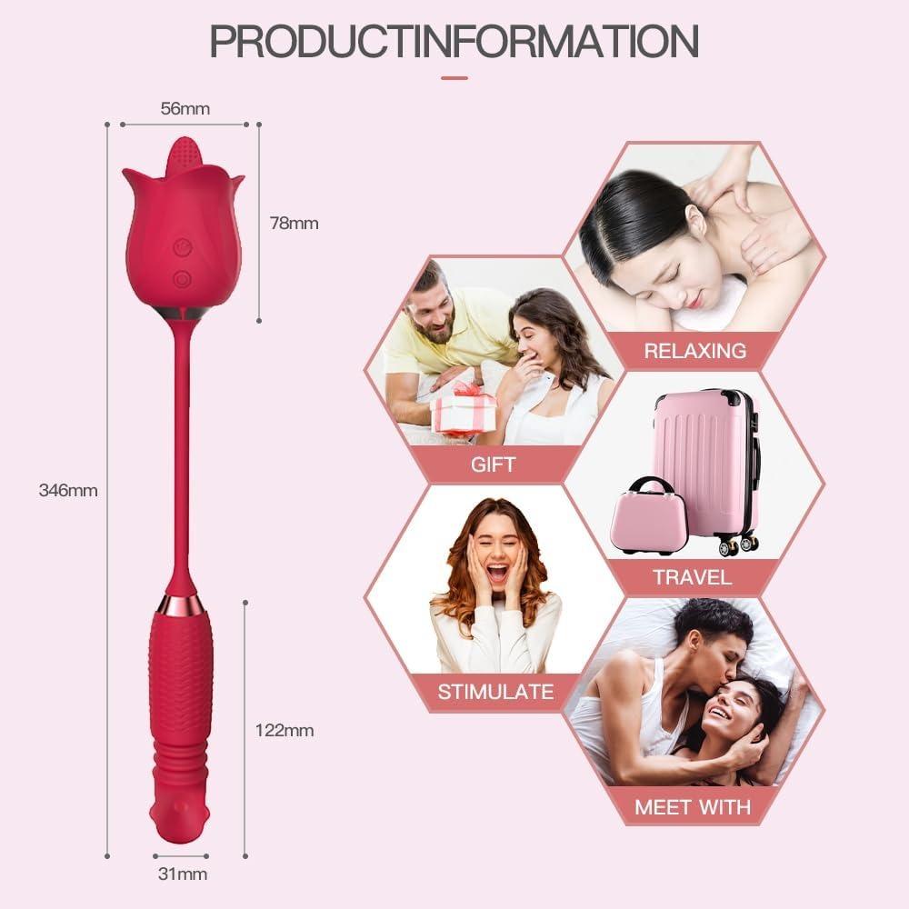 1pcs Rose Sex Toy for Womens 3 in 1 Upgrade Rose Sex Stimulator for Women 10 Tongue Licking & 10 Telescopic & 10 Ball Rotation Vibrator Dildo