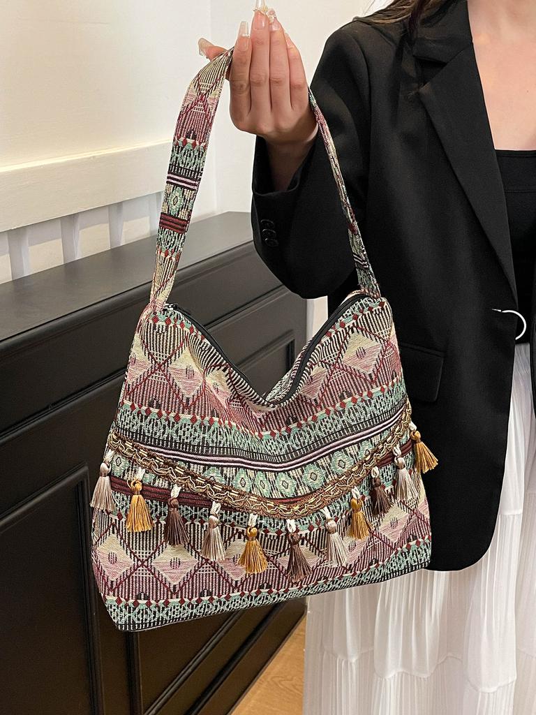 New shoulder bag ethnic style bag women's 2025 new bohemian style tassel large capacity tote bag women's bag