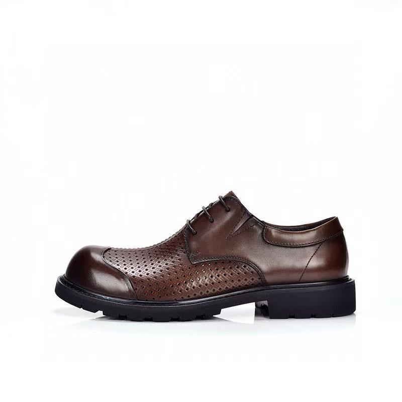 Big Head Shoes Men's Trendy Business Leather Sandals - Breathable, Hollow, Thick Sole, Versatile, Perforated Round Toe