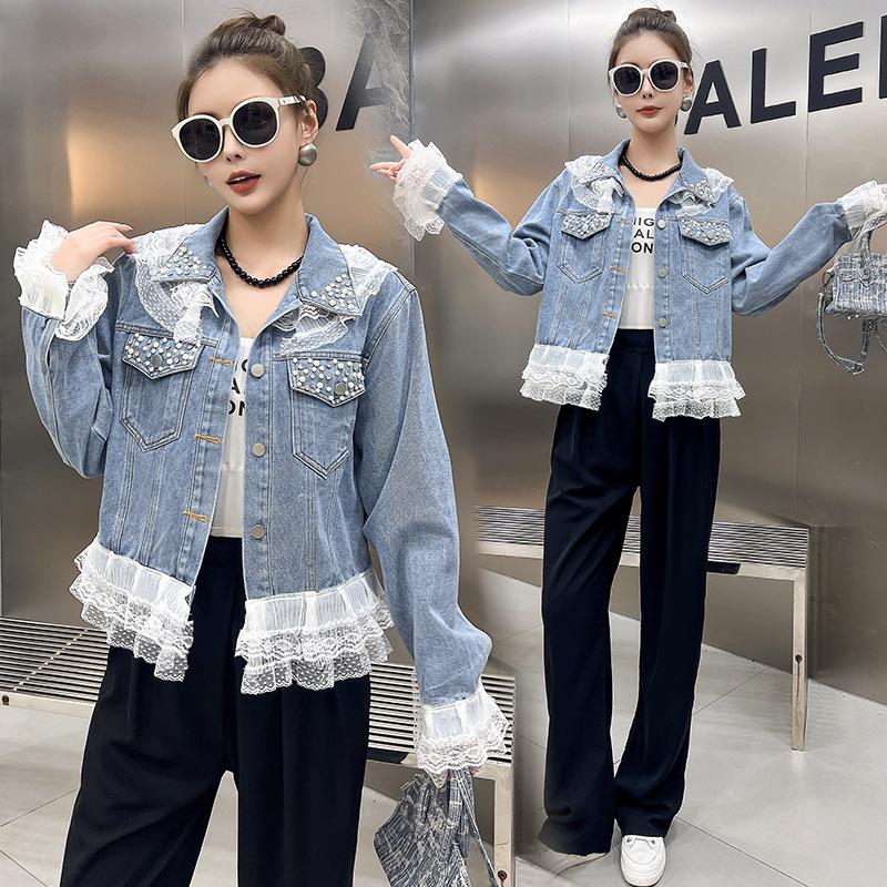 Denim Jacket Women s Western Style Fashion Lace Stitching Short Washed Beaded Jacket Top Small Fragrance S