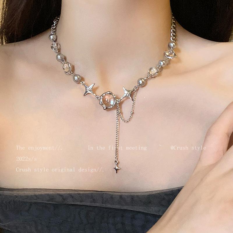 Fashion Shiny Star Necklace for Women Y2K Crystal Zircon Cross Pendant Necklaces Girls Antique Silver Color Clavicle Chain