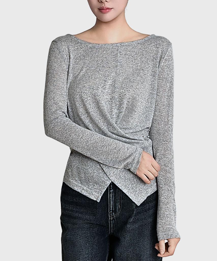 Keulleiseu Side Button Shirred Cross T-Shirt_Gray