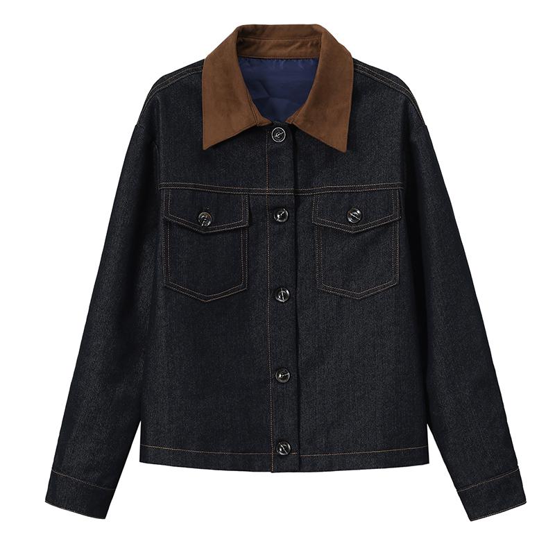 Minimalist Denim Jacket with Women's Casual Patchwork Lapel Retro Jacket