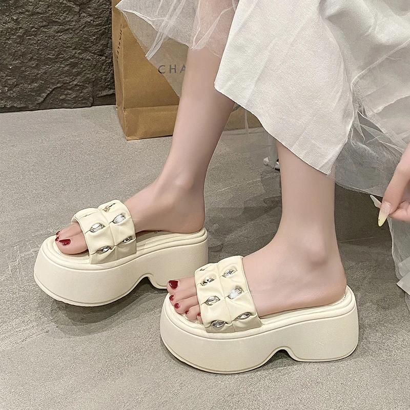 Fashion 8CM Women's Thick Bottom Slip-On Slippers New Summer Crystal Sandals Outdoor Chunky Flip Flops Casual Beach Slides Zapatos Mujer