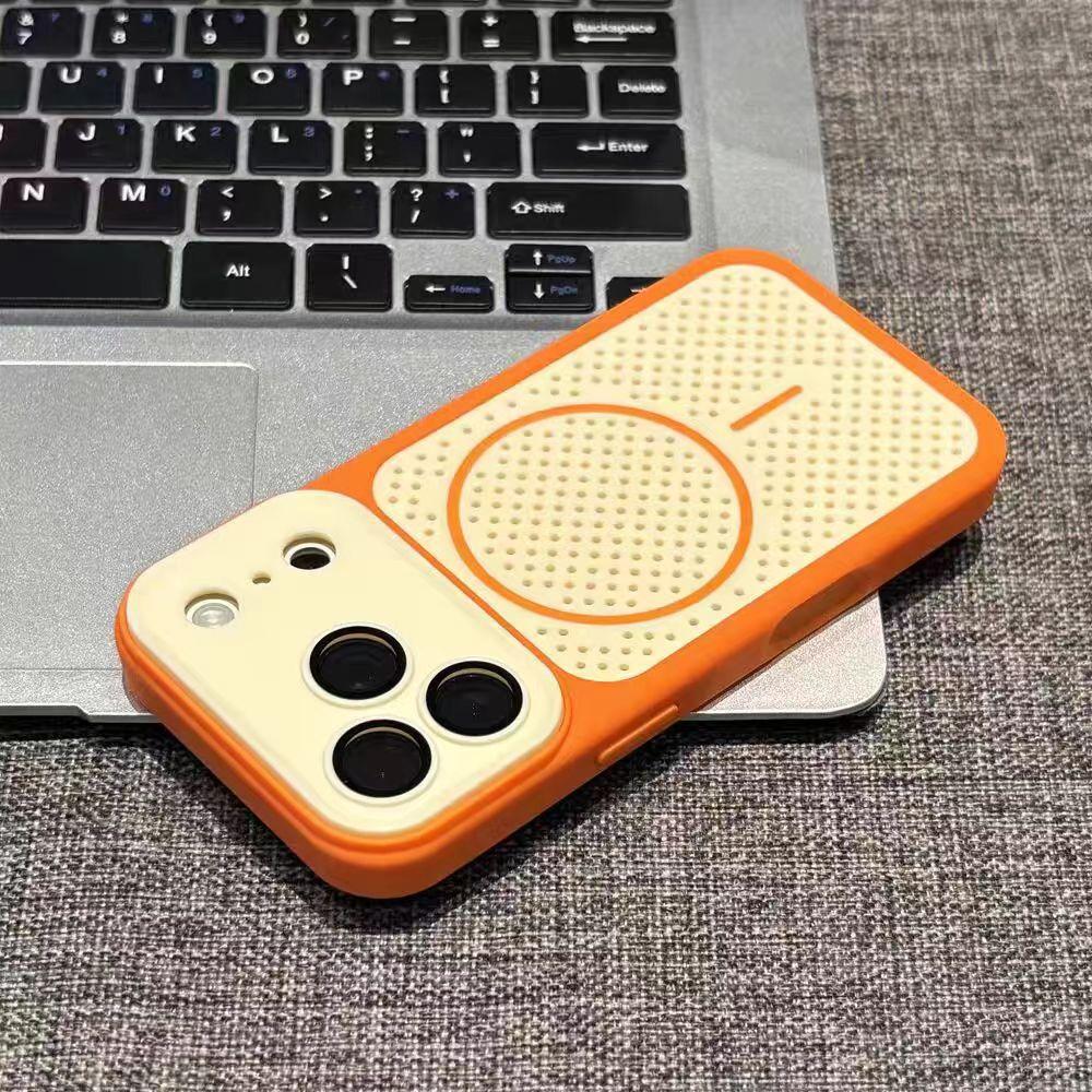 Applicable to iPhone17PROMAX mobile phone case honeycomb two-color breathable heat dissipation magnetic suction mesh case Apple 16/15 hard