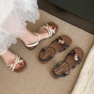 Mode Platt Botten Mode Trendiga Damers Strand Sandaler Utomhuskläder Halkfria Utomhus Mångsidiga Prydda med blommor Damsandal