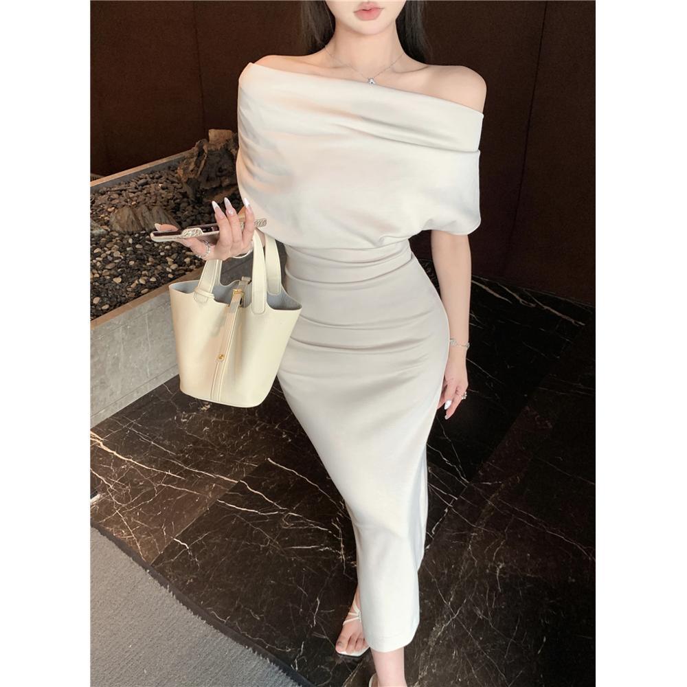 Swinging collar slanted shoulder open shoulder temperament medium and long irregular waist temperament hip-wrapped pleated dress women's clothing