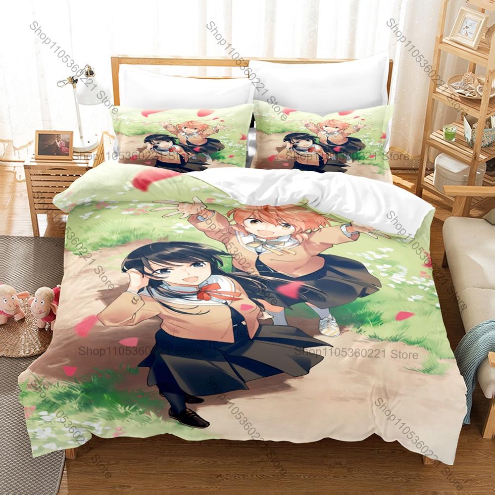 Cool Soft Pastel Cherry Blossom School Girls Sketch Bedding Set Duvet Cover + 2 Pillowcases Muted Pink Neutral Bedroom Decor