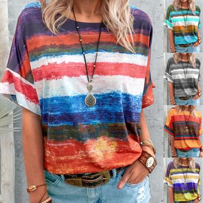 S-5XL Summer Tops Plus Size Fashion Women's Casual Short Sleeve Tee Shirts Block Color Loose Tops Ladies O-neck Tops Striped Printed Cotton T-shirts
