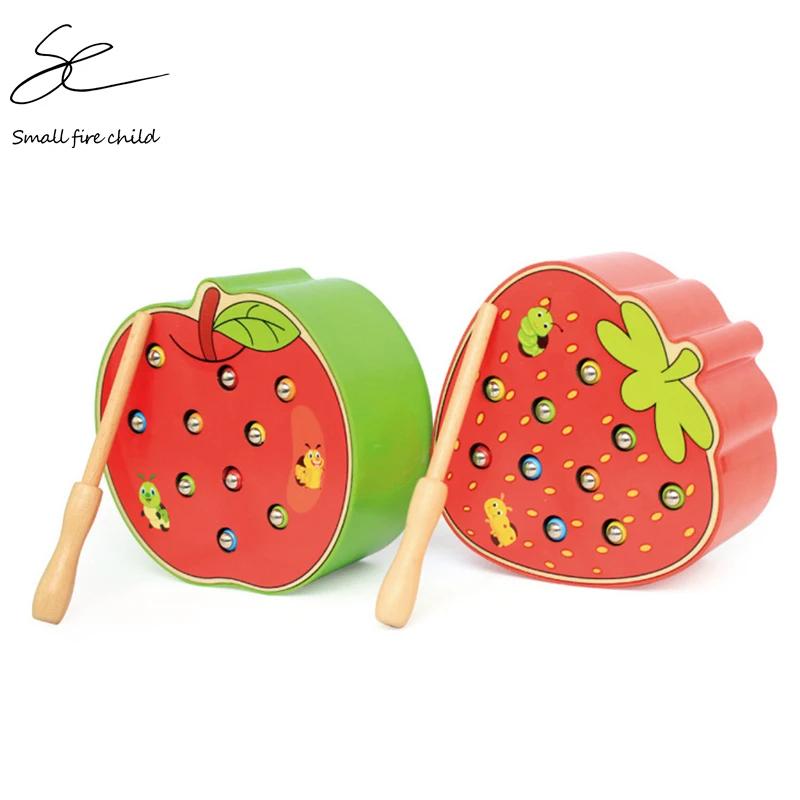 New Baby Wooden Toys 3D Puzzle Early Childhood Educational Toys Catch Worm Game Color Cognitive Magnetic Strawberry Apple