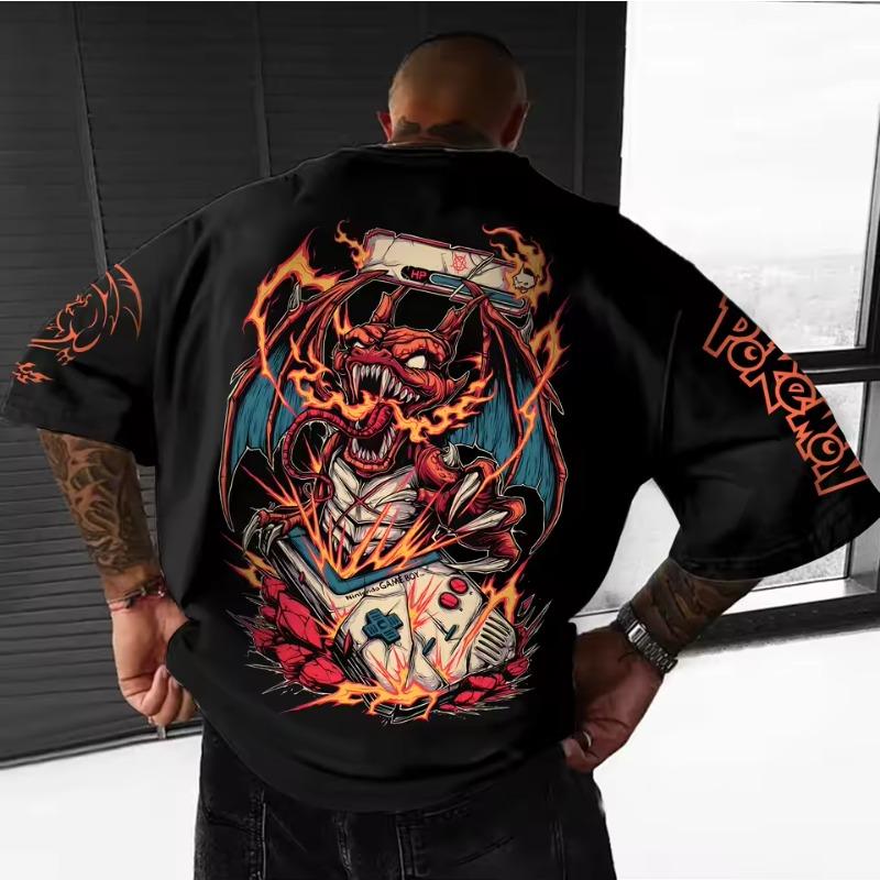 Klassisches Anime Pokemon Glurak Blau Herren Drachenprint Unisex Übergroßes Kurzarm-T-Shirt Streetwear Tops Herren