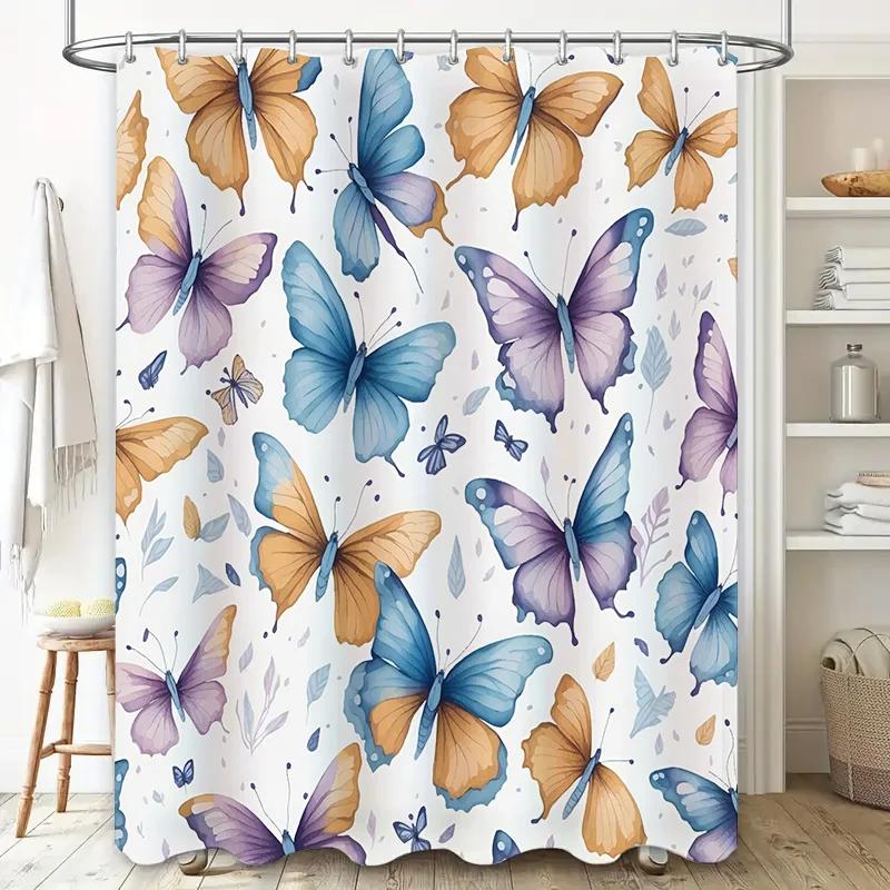 Butterfly Print Shower Curtain Waterproof Home Decor Bathroom Accessories Customizable Size Available
