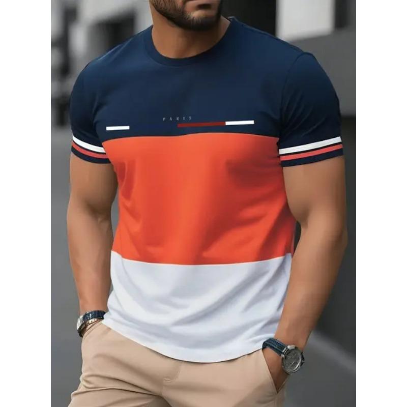 Summer Round Neck 3D Color block Print Top Fashionable Casual Short Sleeved Men's T-shirts