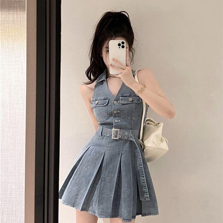 

Petite Slimming Sleeveless Retro Denim Dress - Waist-Cinched Pleated Summer Skirt S светло-синий