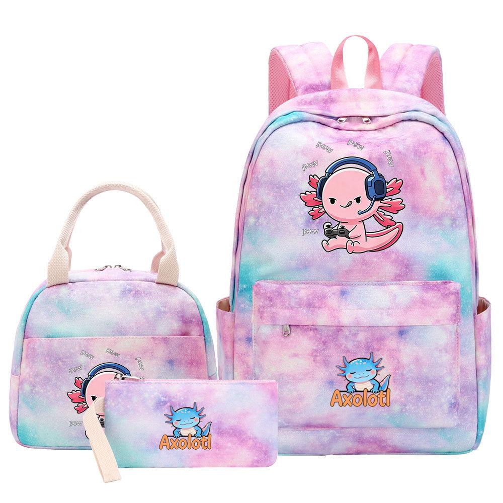 3Pcs Axolotl Backpack for Girls Teen, School Bag with Lunch Box & Pencil Case, Kids Student Daypack, Mochila Back To School Gift