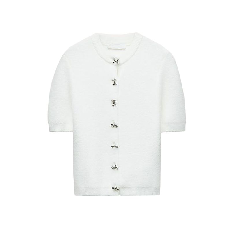 Fall and Winter New Women's Clothing Easiest for Match Bows Decorated Row Button round Neck T-shirt Shory Style Knitting Outwear 9598201